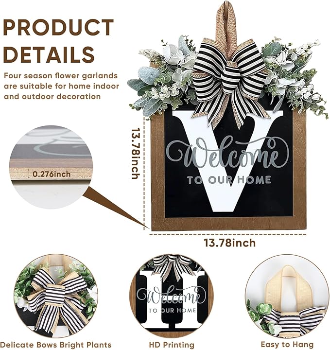 Ultra Large 14'' Last Name All Year Round Front Door Wreath with 26 Initial Letter Welcome Sign All Seasons Eucalyptus Garland and Bow Wreaths for Front Door Porch Farmhouse Decoration (V)