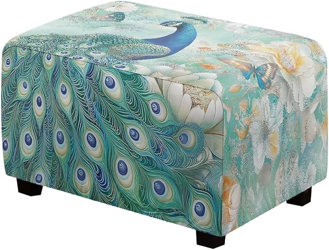 Small Ottoman Cover, Peacock Rectangle Chair Cover Polyester Spandex Furniture Protector with Elastic Bottom Foot Stool Slipcover for Country Living Room Decor