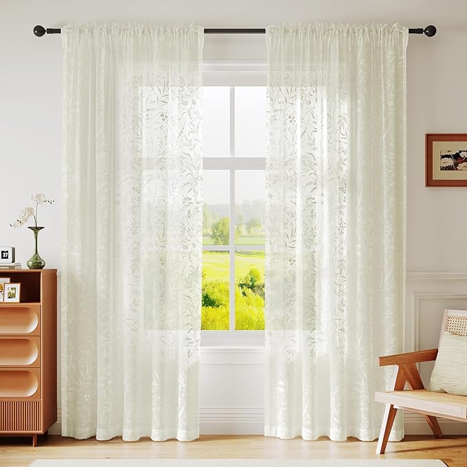 Anmao Cream Semi Sheer Light Filtering Short Curtains 45 Inches Long 2 Panels, Leaf Pattern Drapes for Living Room Bedroom, Rod Pocket Sheer Window Treatments with Floral Design, 52x45 Inch, Ivory