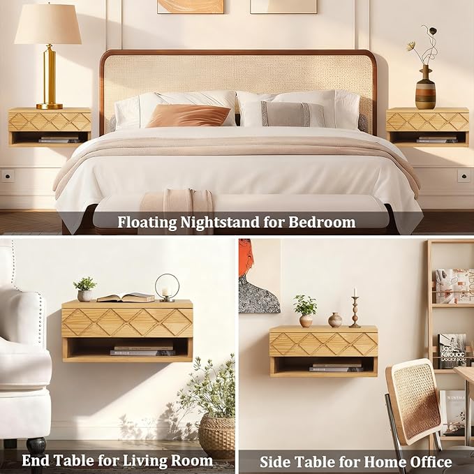 Floating Nightstand, Wall Mounted Bedside Bedroom with Drawer Nightstand, Small Floating Shelves, Floating Wood Bedside Table for Living Room Bathroom Natural 16”x 10”x 8”
