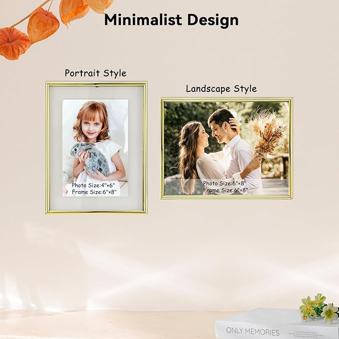 Wall Floating Frame, 6"×8", Gold, 2 Set, Wall Mounting or Wall Leaning, For Photo 6×8, 5×7, 4×6, Classy For Festival, Anniversary, Wedding, Home or Office Décor