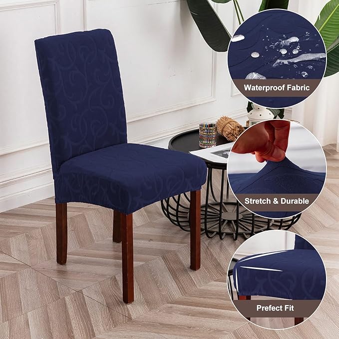 Genina Waterproof Dining Room Chair Covers Stretch Parsons Chair Slipcovers for Dining Room Kitchen Chair Protector Cover, Removable, Washable (6 Large, Flower Pattern-Navy)