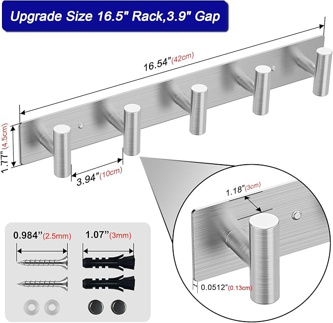 Coat Rack Wall Mount - 5 Hat and Coat Hooks, Heavy Duty Towel Racks for Bathroom Entryway, Wall Hooks for Hanging Robes Bags Scarves Belts, Hat Rack Key Hanger Organizer (Silver)