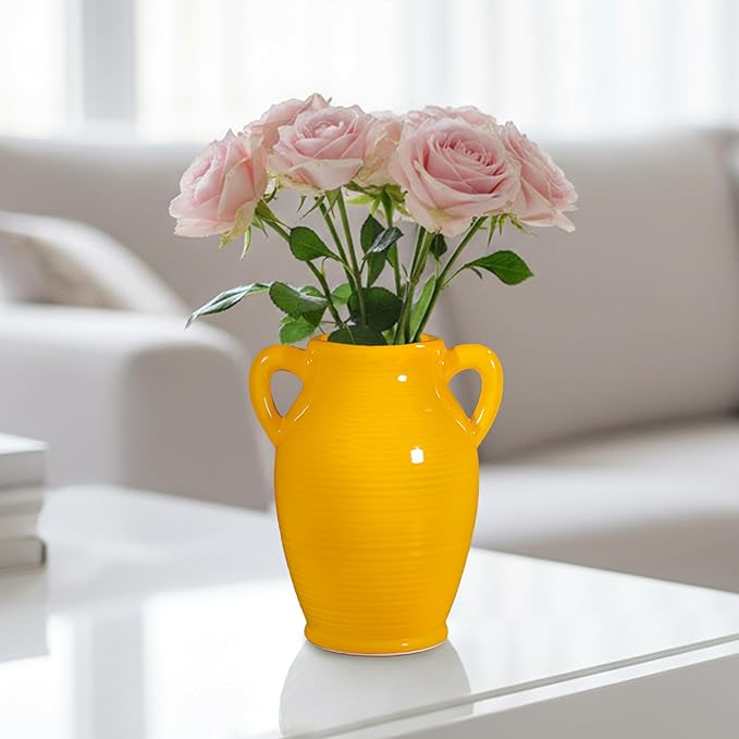 Sunddo Yellow Ceramic Vase 8 Inch - Modern Decorative Vase with 2 Handles for Home Decor, Ideal Centerpiece for Kitchen, Living Room, and Dining Table