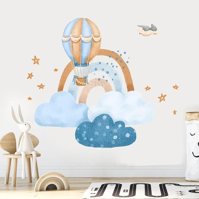 Hot Air Balloon & Clouds Wall Decals - Peel and Stick Watercolor Rainbow Stars Bird Wall Stickers, Decor for Baby Nursery, Toddler & Kids Bedroom Walls