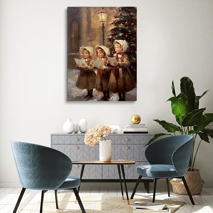 Christmas Carolers Wall Art,Three Children Christmas Carolers Poster,Christmas Decor,Holiday Decor,Winter Print,Christmas Print,Nursery Decor Art,Vintage Winter Christmas Print16x24inch Unframed
