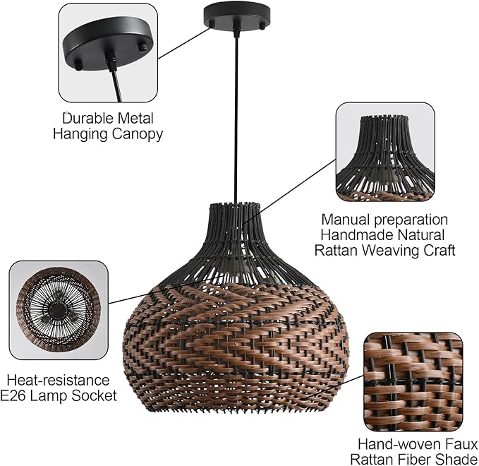 3-Light Rattan Pendant Light,15" Hand-Woven Black Brown Faux Rattan Hanging Light Boho 1-Pack Wicker Basket Chandelier,for Living Room Bedroom Kitchen Dining Farmhouse