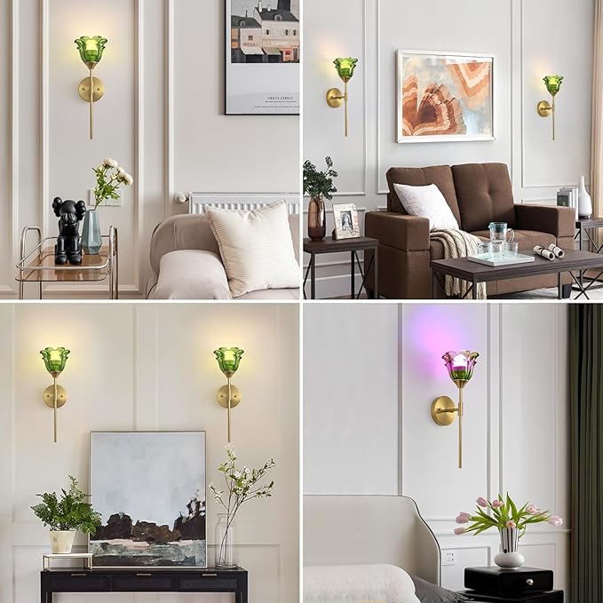2 Pack Battery Operated Wall Sconce with Green Glass Shades, Wireless Rechargeable RGB Wall Light with Remote Control, for Bedroom Mirror Living Room