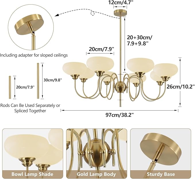 BOKT French Chandelier 8-Lights Large Dining Room Gold Chandelier with Milk White Bowl Glass Lampshade Modern Living Room Adjustable Rod Semi Flush Ceiling Sputnik Chandelier Light Fixtures