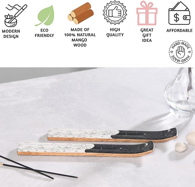 Folkulture Set of 2 Incense Holder or Incense Burner for Insence Sticks, Insence Burner Holder or Ash Catcher, Inscent Tray or Wooden Insense Stick Holders, Mango Wood, Yin Yang