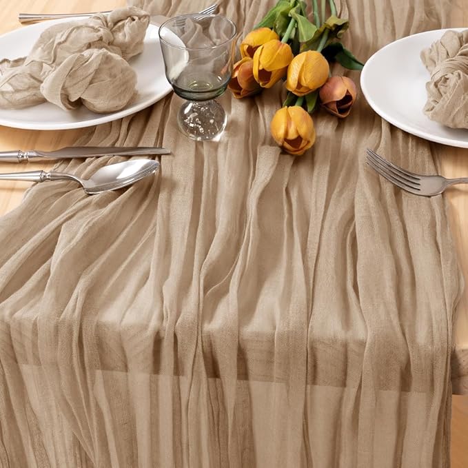 MLMC 12 Pack Nude Cheesecloth Table Runner 10ft Boho Rustic Gauze Taupe Cheese Cloth Table Runner Neutral Decor 35x120 Inches for Reception Wedding Bridal Shower Party Decor