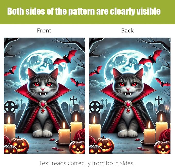 Halloween Garden Flag 12×18 Inch – Vampire Cat with Cape, Full Moon, Pumpkins and Bats, Spooky Outdoor Flag for Yard Porch Garden Halloween Decorations