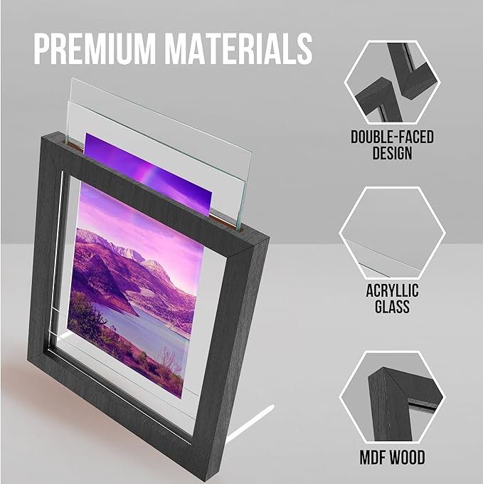 Floating Picture Frames-Floating Photo Frame 3 Pcs Glass Floating Frame Two Sided Picture Frame Large Floating Frame Square Floating Frame Picture Frames with UV Protection Floating Wood Gallery Frame
