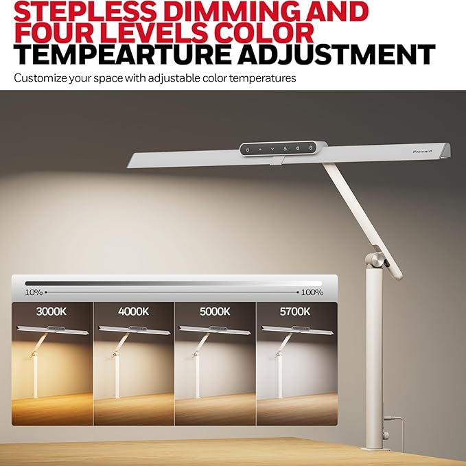 Honeywell LED Desk Lamp with Clamp - HJ1 Sunturalux Eye-Caring Clip on Lights for Home Office, 1200LM Clamp Lamp 4 Color Modes Stepless Dimming Task Desk Light for Working White