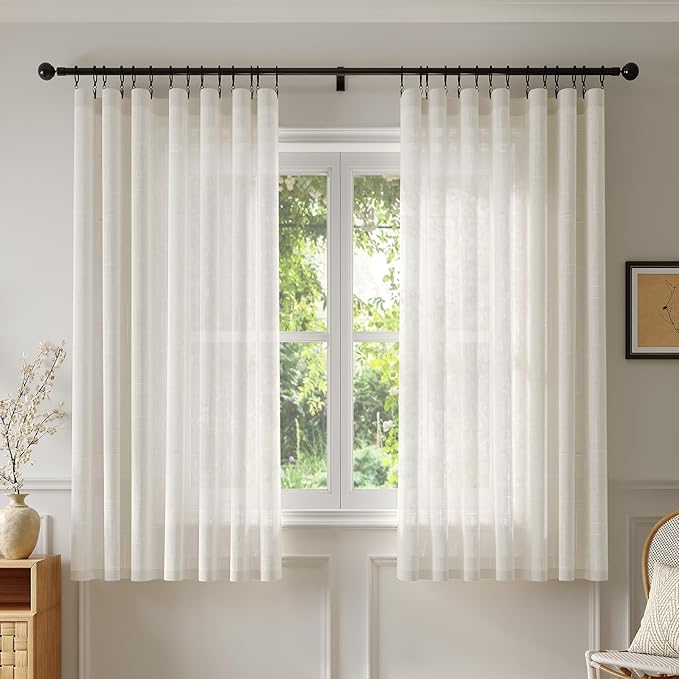 Anmao Natural Linen Curtains for Living Room 45 Inch Length 2 Panels Set, Light Filtering Semi Sheer Window Curtain Drapes for Bedroom with Curtain Rings and Clips, 52Wx45L, Ivory