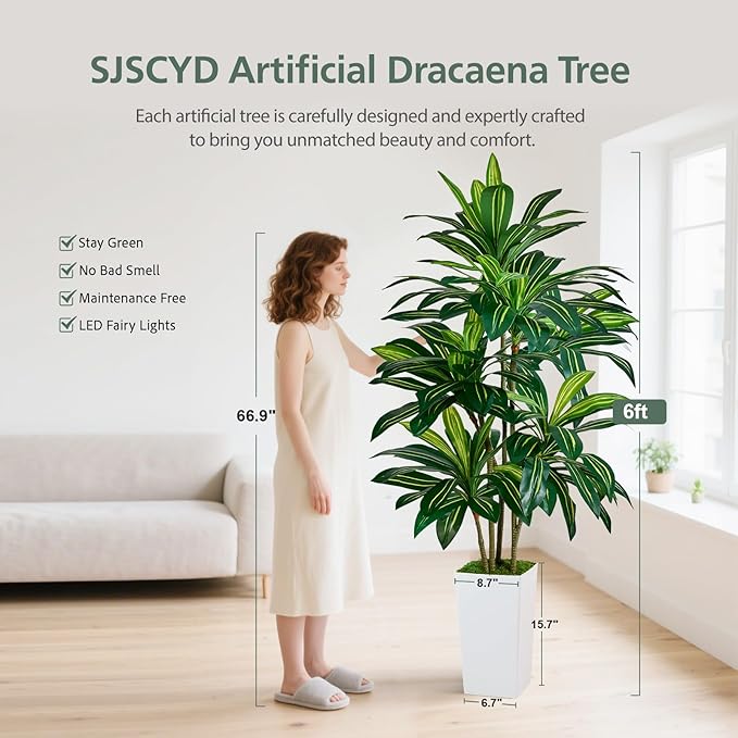 Artificial Dracaena Plant 6FT - Fake Tree with Tall Planter and Fairy Lights, Artificial Trees Faux Yucca Plants Indoor, Fake Plants for Home Office Living Room Decor Christmas