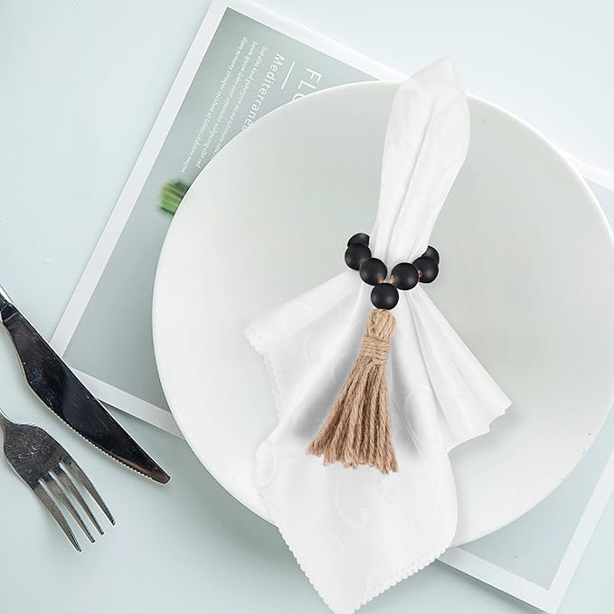 Meplait 6 Pieces Wooden Bead Napkin Rings, Farmhouse Napkin Rings for Dining Table,Wedding Decoration (White)