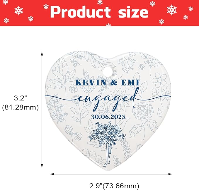 Personalized First Christmas Married Ornament 2025 – Ceramic Heart Wedding Ornament – Christmas, Anniversary, Engagement, Newlywed Gift for Couple – Custom Photo Keepsake Decoration