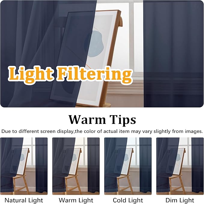 Gwine Navy Blue Sheer Curtains 72 Inches Long 2 Panels Set for Front Door, Light Filtering Sheer Curtains for Living Room, Lightweight Rod Pocket Window Treatments Drapes, Each 42" Wx72 L