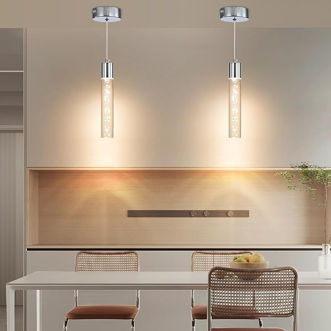 Modern LED Pendant Light, Chrome Bubble Hanging Ceiling Lighting Fixture, 3 Color 2700K/4500K/6500K, Small Kitchen Island Chandelier Over Table for Dining Room, Living Room, Entrance, Bar, Cafe