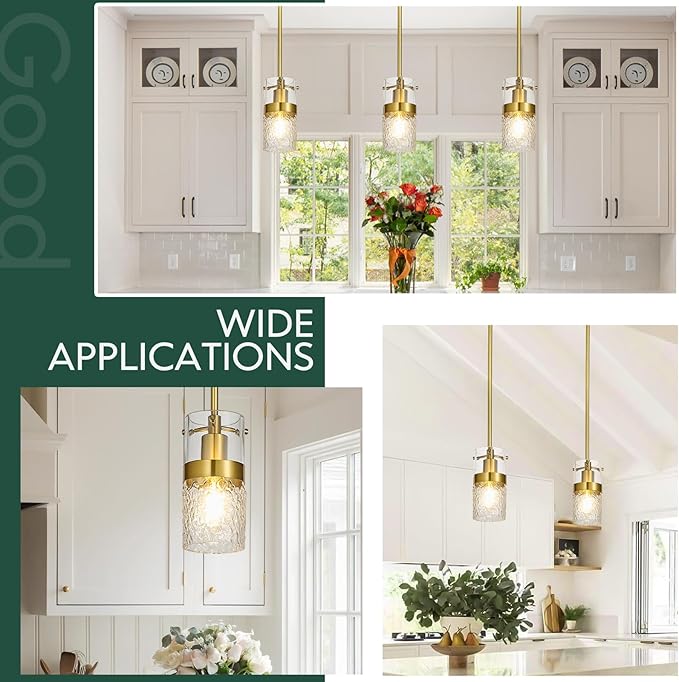 Modern Gold Pendant Light Adjustable Hanging Lighting Transparent Hammer Glass Chandelier for Kitchen Island Dining Room Bathroom Bedroom (3Pack)