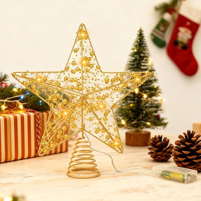 Christmas Tree Topper 10-inch Gold Glitter Star Tree Topper with 20 LED Lights Christmas Tree Topper Star for Holiday Decorations.