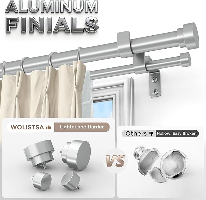 Double Curtain Rod, 1 Inch Silver Long Dual Curtain Rods 84 to 120 Inch with Aluminium Modern End Cap Finial, Adjustable Heavy Duty Window Treatment Rod, Telescopic Metal Double Drapery Pole Set