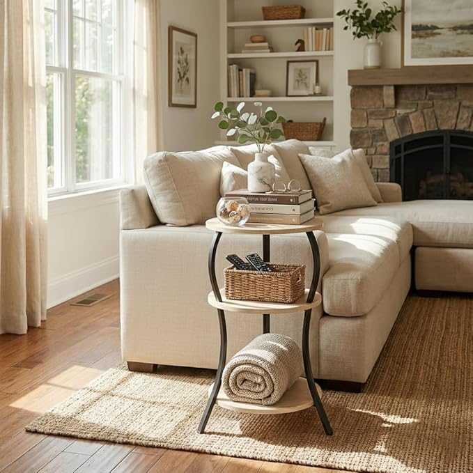 Vintage Small Round Side Table, 3-Tier Slim Waist Circular End Table with Storage Shelf, Compact Tea Sofa Side Table, Round Corner Coffee Table Nightstand for Living Room Bedroom Small Spaces,Oak