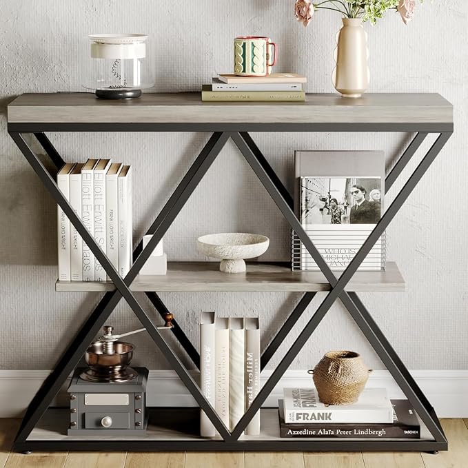 Garvee 3-Tier Entryway Table, Industrial Console Sofa Table with Storage, Accent Table with Open Shelves, X-Shaped Metal Frame, Foyer Table for Entryway, Hallway, Gray