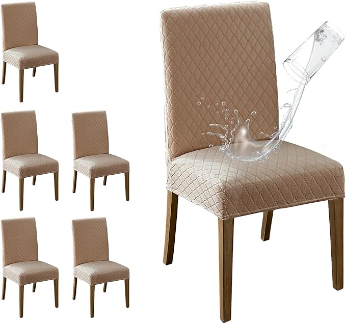 MOSAYT 100% Waterproof Dining Room Chair Covers Set of 6, Super Fit Stretch Jacquard Parson Chairs Slipcovers Removable Washable Chair Seat Protectors for Home, Kitchen, Banquet (Khaki)
