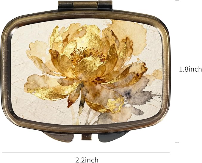 Dynippy Pill Case Pill Box with Mirror Retro Pocket 2 Compartment Medicine Case Vitamin Pill Organizer for Pocket Purse and Travel (A-Golden Flower)