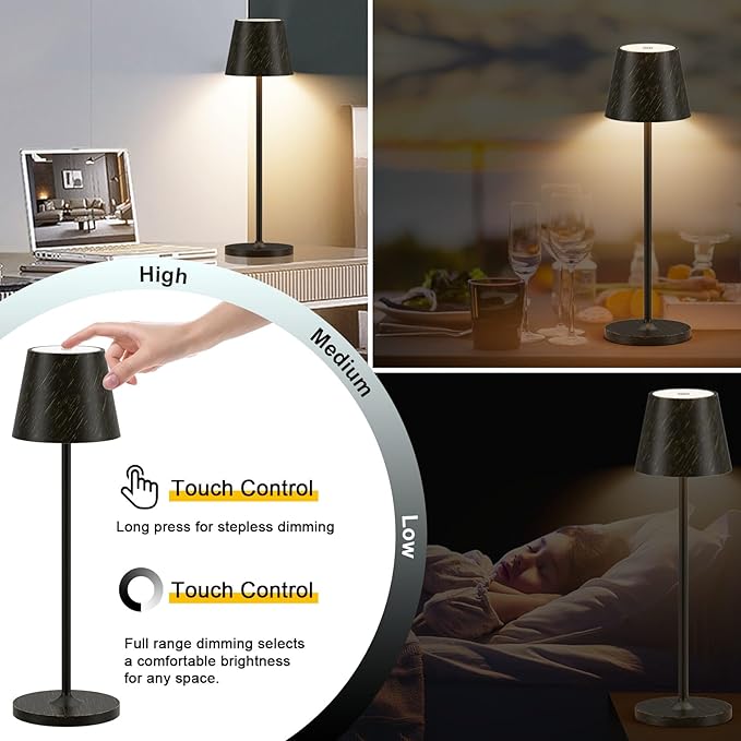 Ralaby IP54 Cordless Table Lamps Portable Rechargeable Battery Operated Lamp Aluminum Dimmable Indoor/Outdoor Cordless Lamp, Desk Lamp for/Restaurant/Camping/Bedroom (2 Pack,Black Brush Gold,4800mAh)