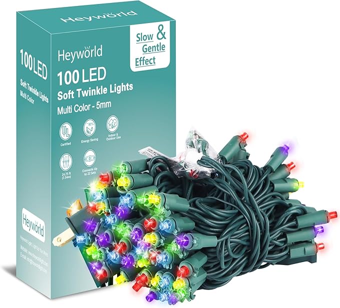 Heyworld Slow Twinkle Christmas Lights, 100 LED 27ft UL Certified Soft String Lights, 5mm Waterproof Fairy Glow for Indoor/Outdoor Christmas, Wedding, Garden Decor (Multicolor, 100 LED)