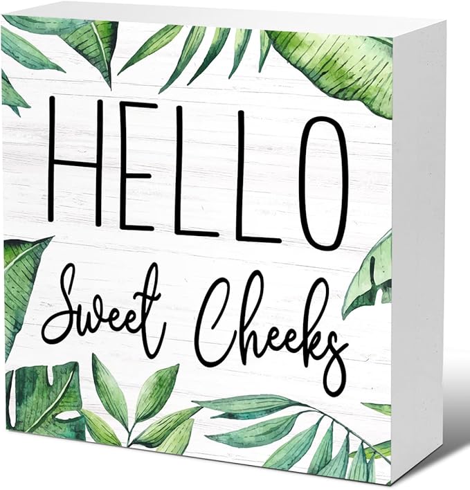 LVQHI Cute Bathroom Shelf Decor, Hello Sweet Cheeks Sign Wooden Box for Shelves Toilet Restroom Tabletop Decoration, Funny Green Plant Bathroom Sign Decor,5'' L x 5" H ﻿