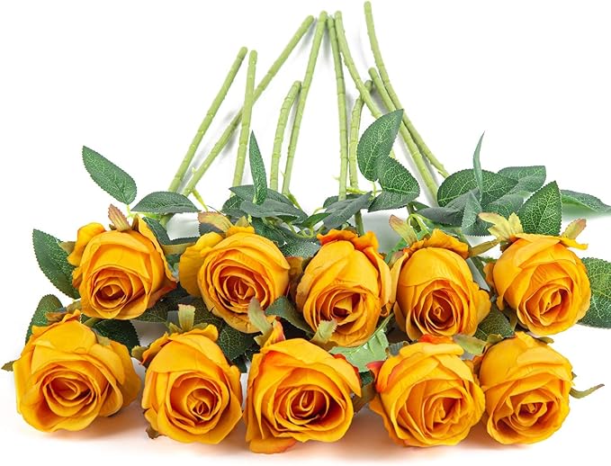 Flojery 10pcs Artificial Rose Flowers Long Stem Fake Silk Roses for DIY Wedding Bouquet Table Centerpiece Home Decor (Orange)