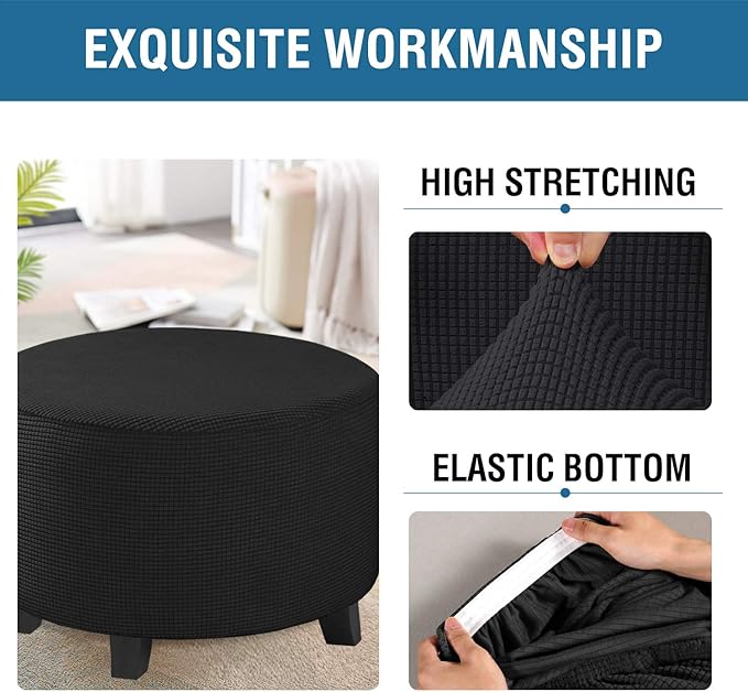 H.VERSAILTEX Ottoman Cover Stretch Ottoman Slipcover Round Ottoman Storage Cover Folding Stool Covers Furniture Protector Cover for Footrest Ottoman Fit Dia 30" - 41", Black