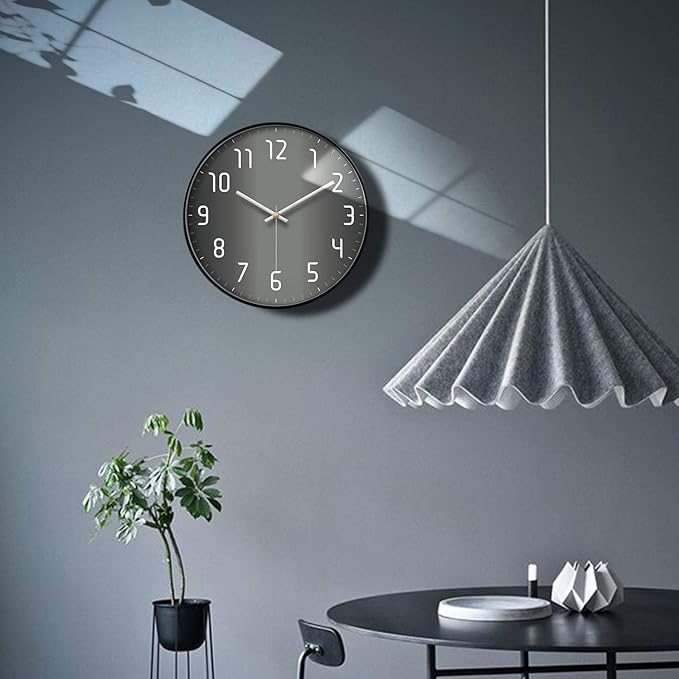 Modern Wall Clock Silent Non Ticking Cool Clocks for Wall Black&Grey Large Office Analog Small Battery Operated Wall Clock for Bedroom Kitchen Living Room Decorative Cool Unique Reloj De Pared 12inch