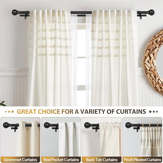 KAMANINA Black Double Curtain Rods 36 to 72 Inches(3-6 Feet), 1 Inch Heavy Duty Curtain Rods for Windows 28 to 48 In, Telescoping Drapery Rod for Bedroom, Dual Curtain Rod with Round Finials