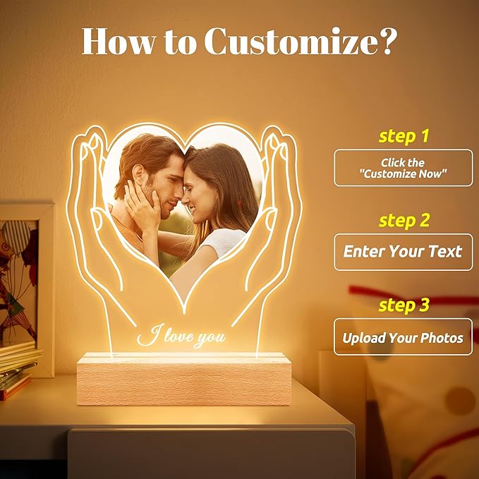 Personalized Picture Frame with Photo, Customized Photo Frame with Night Light, Custom Picture Frames, Personalized Anniversary Christmas Gifts for Women Men Her Him Girlfriend Boyfriend Couples