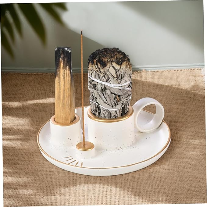 4-in-1 Palo Santo Holder for Burning Sage and Sticks, 5.9-Inch Ceramic Incense Burner and Ash Catcher Tray with Handle for Meditation Home Zen Decor