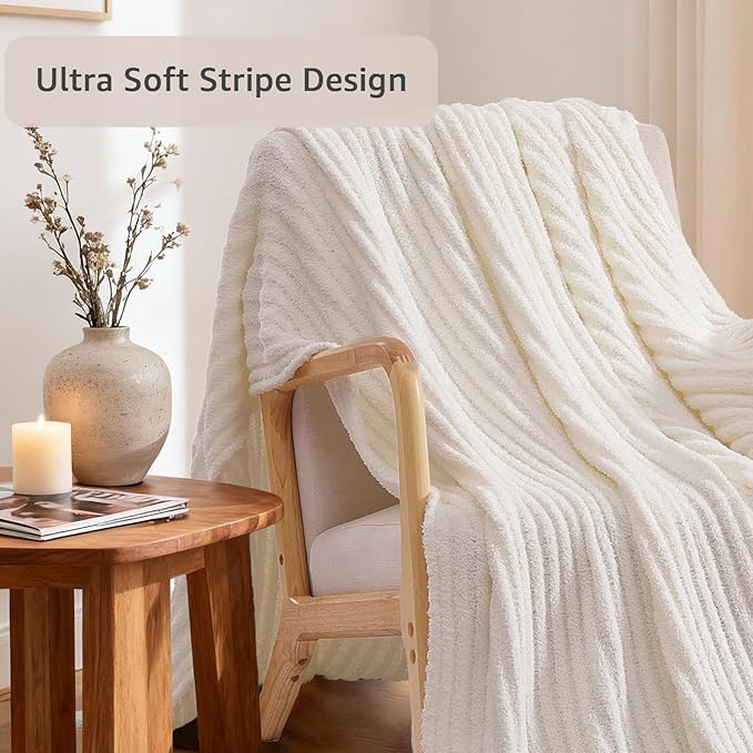 WRENSONGE Striped Throw Blanket, White Soft Cozy Fluffy Warm Hand Made Throw Blankets for Couch, Sofa, Chair, Bed, Camping, Picnic, Travel Lightweight Bed Blanket - 50"*60"