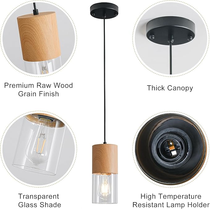 Modern Pendant Lights for Kitchen Island, Adjustable Pendant Light Fixtures with Raw Wood Grain, Industrial Clear Glass Pendant Lights for Dining Table Hallway Bedroom Living Room,1 Pack