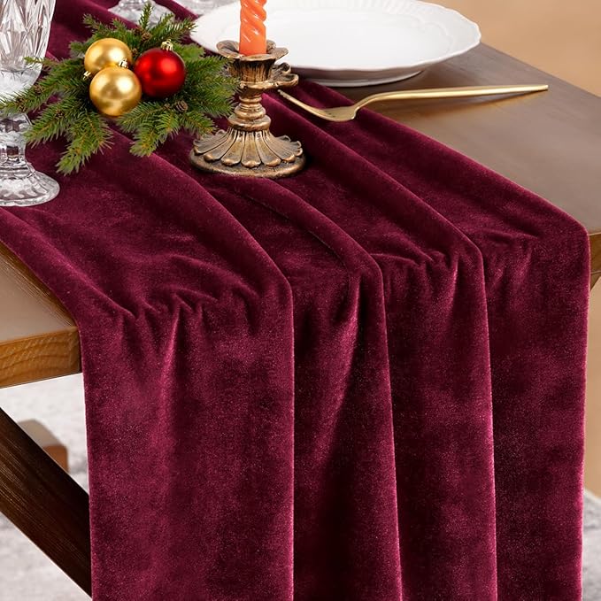Socomi Burgundy Red Velvet Valentine's Day Table Runner Cloth Decor 20 x 120 Inches 10ft Fabric Luxurious Thanksgiving Wedding Runner for New Year Bridal Shower