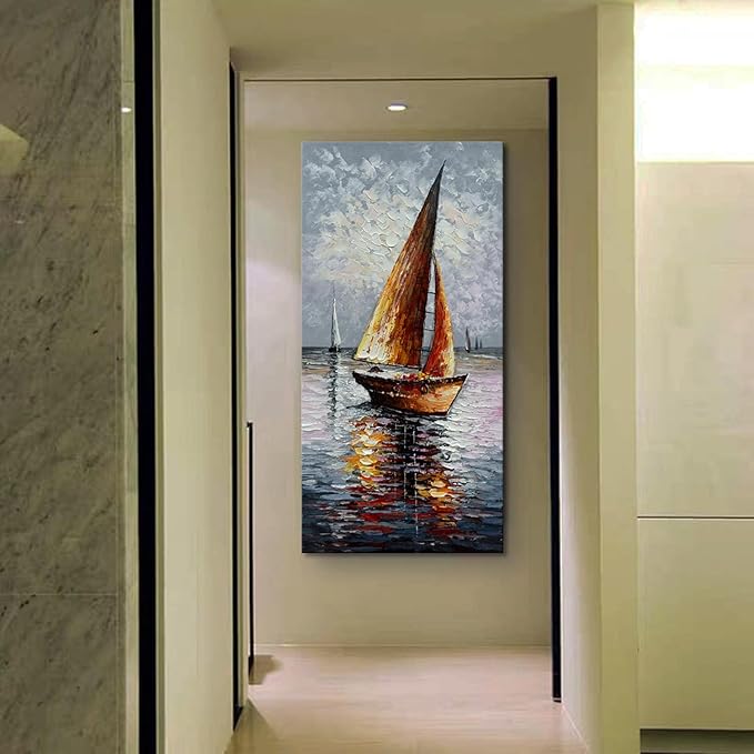 zoinart Sailboat Oil Paintings on Canvas 24x48 Inches Modern Abstract Vertical Wall Art Sailing Boat On The Sea Acrylic Artwork Living Room Bedroom Home Decorations