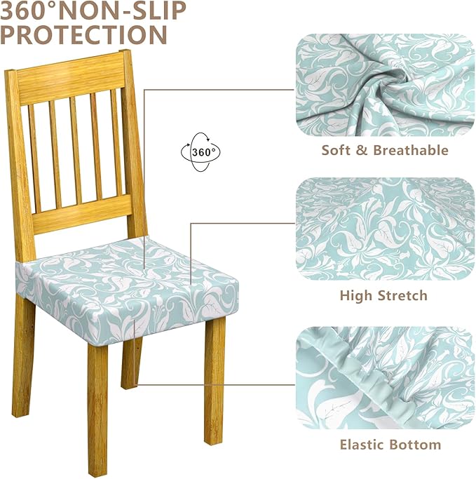 Stretch Dining Chair Seat Covers Set of 6,Dining Chair Slipcovers, Floral Printed Chair Covers,Soft Fabric Washable Upholstered Chair Seat Protector, No Rear Covers for Home Kitchen Dining Room