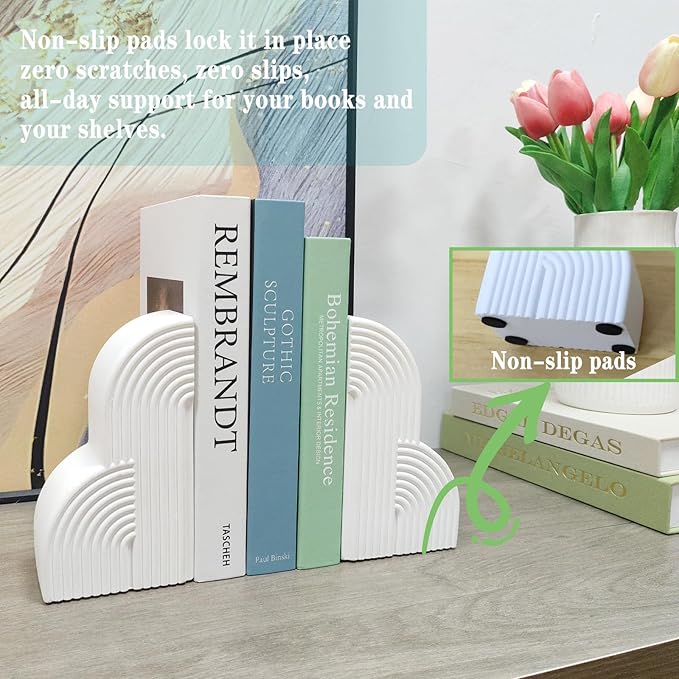 Decorative Book Ends for Heavy Books - Concrete Clound Aesthetic Bookends - Set of 2 Boho Book Stopper for Modern Home Office Bookshelf Decor (Concrete-White)