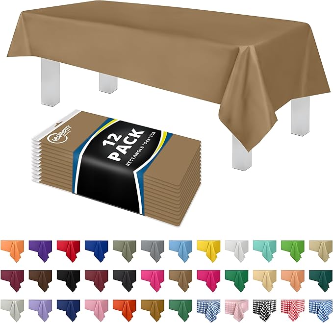 Grandipity 12 Pack Premium Disposable Plastic Tablecloth 54 Inch. x 108 Inch. Decorative Rectangle Table Cover - Gold