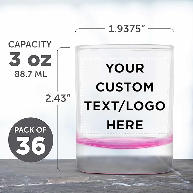 DISCOUNT PROMOS Custom Arc Votive Candle Holders 3 oz. Set of 36, Personalized Bulk Pack - Thick Base, Perfect for Wedding, Anniversary and Party Favors - Pink Bottom