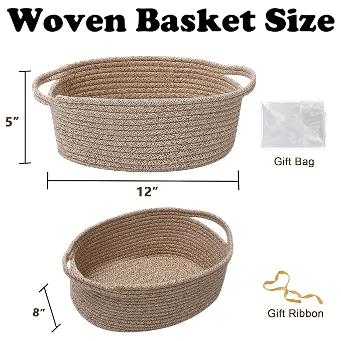 Small Woven Rope Basket-Empty Gifts Basket with Bag and Ribbons,Cute Handle Organizer Box for Birthday/Baby Shower, Toy Storage, Nursery Organizing & Shelf Decor(Mixed Brown)