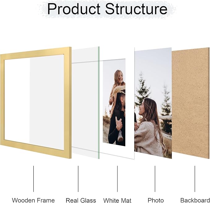 12x12 Picture Frame Set of 2, 12 x 12 Wood Photo Frames with Mat for 10x10 or 30x30cm Diamond Art Painting, Wooden Frame with Real Glass Cover for Wall and Tabletop Display,Gold